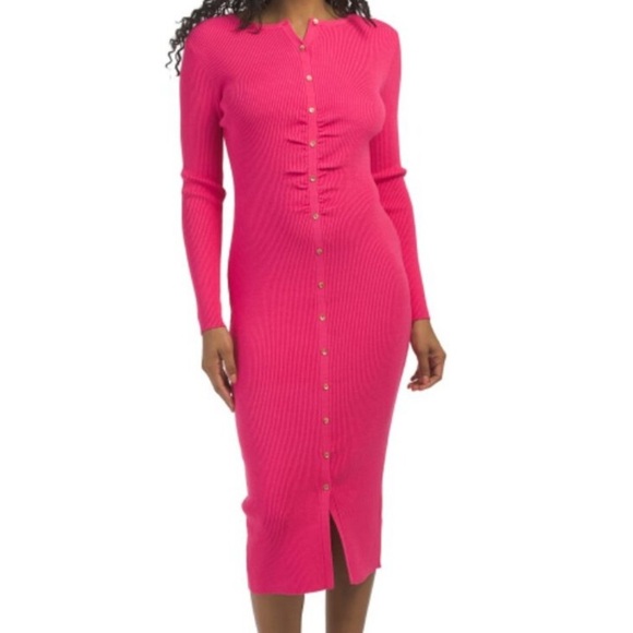 ELIE TAHARI BERRY PINK RIBBED LONG SLEEVE DRESS! Gorgeous.!!! S - Picture 1 of 5